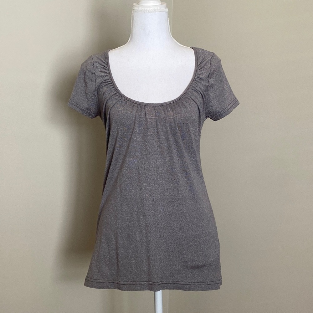 Metallic Gray Scoop Neck Top with Pleated Detailing from Neckline